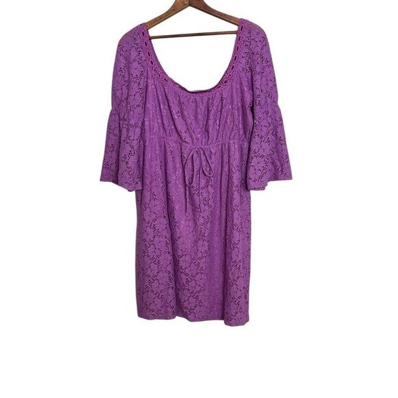 Laundry By Shelli Segal Lace Bell Sleeve Tie Waist Mini Dress  Purple Large - Picture 1 of 9